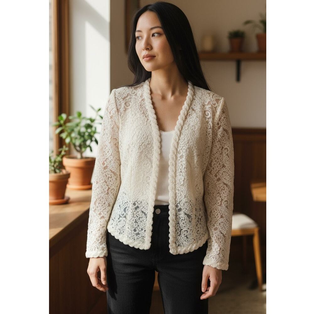 Yoly Muñoz Vintage Lace Open Jacket Embellished with Pearls Size 14 Fit Medium